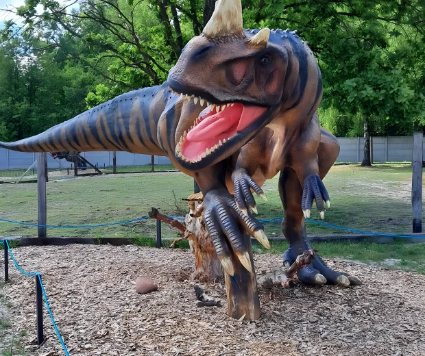 Model dinozaura T-Rex z otwartą paszczą na wybiegu